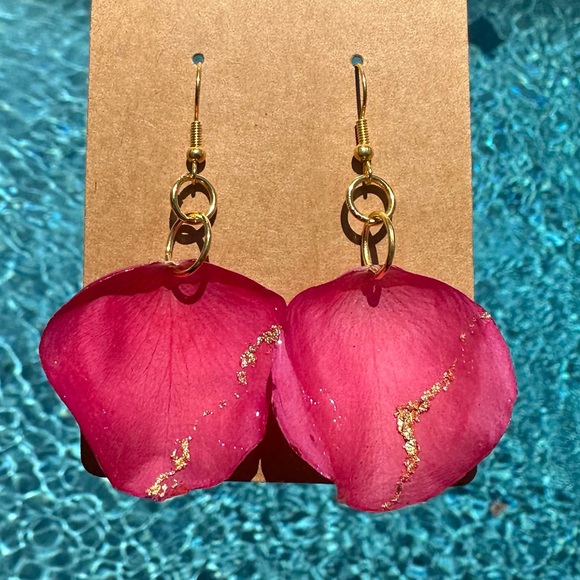 Original Pink Rose Petal Earrings with Gold Flake - Picture 2 of 5